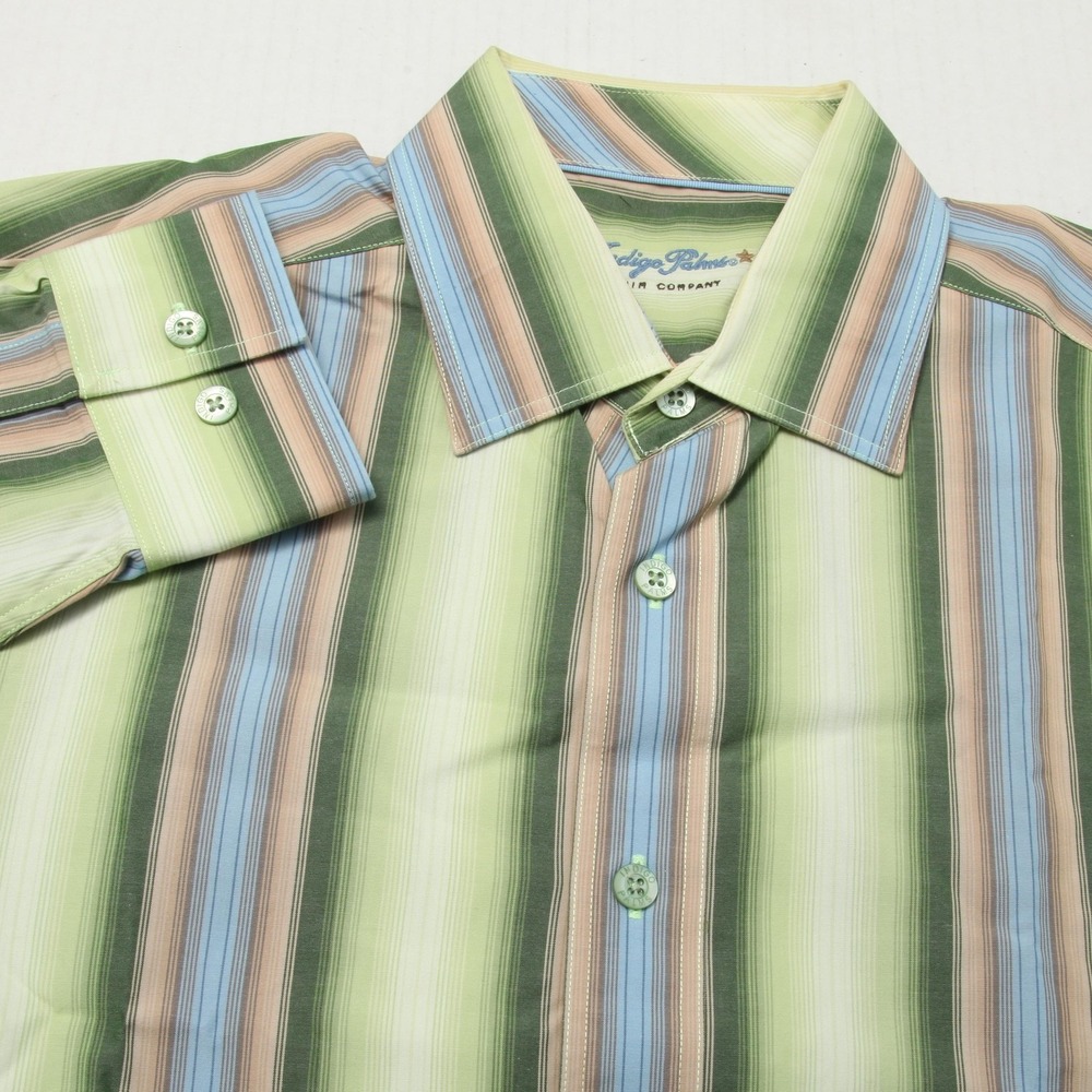 Indigo Palms Shirt Mens Large Green Blue Striped Button Up Long Sleeve Cotton